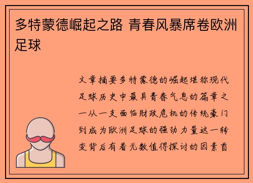 多特蒙德崛起之路 青春风暴席卷欧洲足球 多特蒙德崛起之路 青春风暴席卷欧洲足球